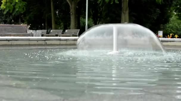 噴水 - 公園のベンチと木を背景に - 地面からのショット - 映像、動画