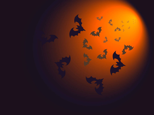 абстрактный фон с изображением летучих мышей на фоне лунного света в оранжевых тонах для отпечатков на открытках, баннерах, плакатах и для оформления фонов в стиле Хэллоуина - Вектор,изображение