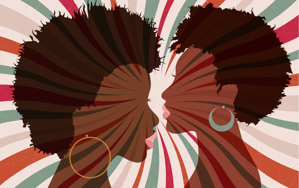 Portret silhouet 2 gezichten van vrouwelijke Afro-Amerikaanse profiel vrouwen met funky haar en hoepel oorbellen. Poprock funky discomuziek. Retro stijl starburst achtergrond poster - Vector, afbeelding
