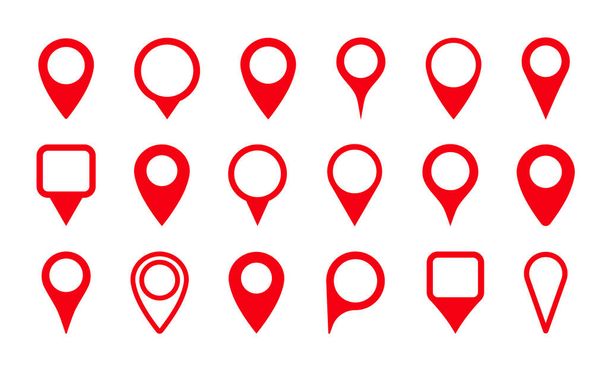 Pin ikona lokalizacji mapy. Wskaźnik, znacznik GPS, położenie geo i miejsce. Znacznik lub symbol miejsca przeznaczenia w podróży i ruchu drogowym. Zestaw czerwonych punktów mapy na białym tle. Znak nawigacji. Wektor. - Wektor, obraz