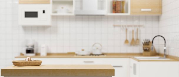 Encimera de cocina de madera clara con baguette en cesta y espacio para la exhibición del producto de montaje sobre fondo interior borroso de cocina blanca. representación 3d, ilustración 3d - Foto, Imagen