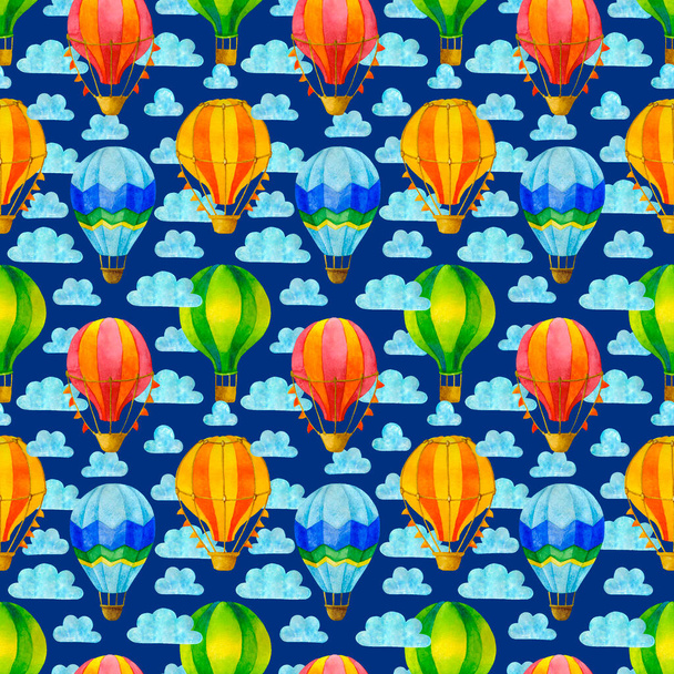 Buntes Heißluftballon-Aquarell nahtloses Muster - Foto, Bild