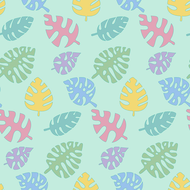 Monstera seamless pattern, childish real leaf pink green blue, векторная иллюстрация - Вектор,изображение