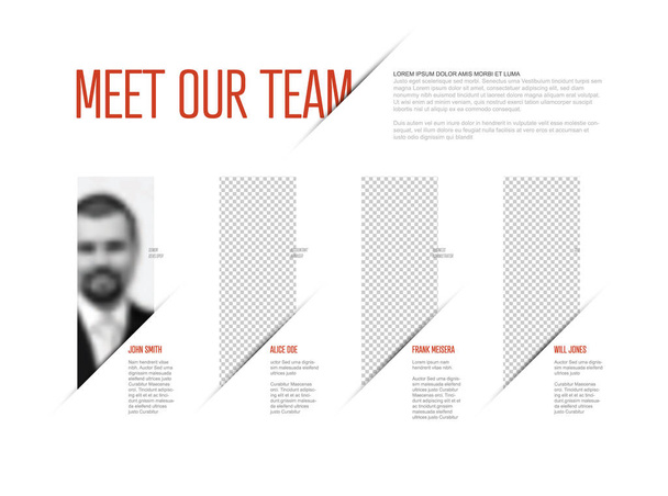 Plantilla de presentación del equipo de la compañía con marcadores de posición de fotos del perfil del equipo y algunos textos de muestra sobre cada miembro del equipo: versión ligera y acento rojo en los nombres de los miembros del equipo - Vector, imagen