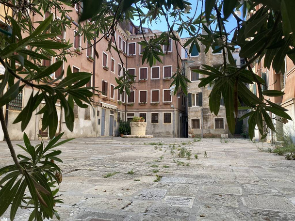Uitzicht op een klein plein in Venetië zonder iemand, door de bladeren. Italië - Foto, afbeelding