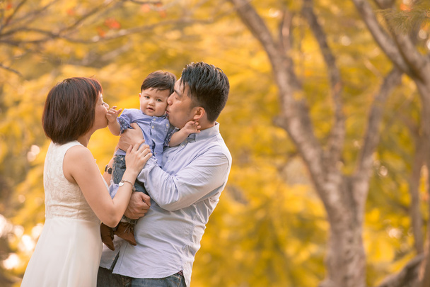 Asiatico giovane famiglia having divertimento all'aperto in autunno
 - Foto, immagini