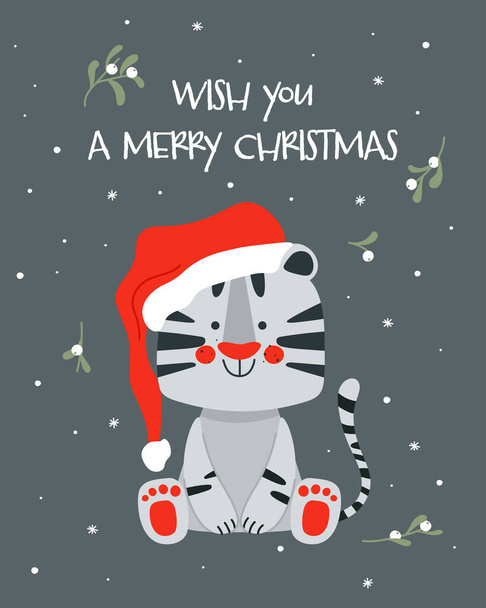 Wish you a Merry Christmas greeting card with cute white tiger, symbol 2022 year. Vector illustration in hand drawn scandinavian childish style - Vector, Image