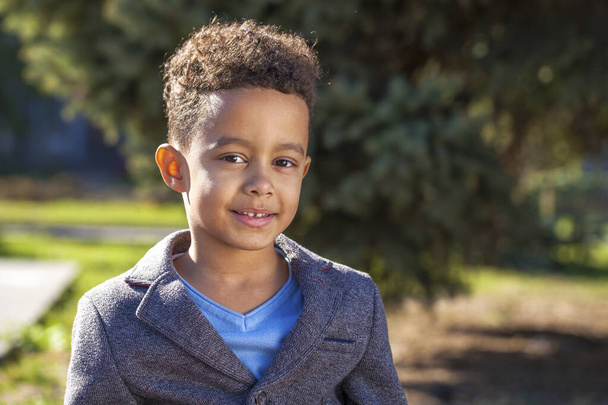 Close up portrait of little boy in autumn park - Foto, imagen