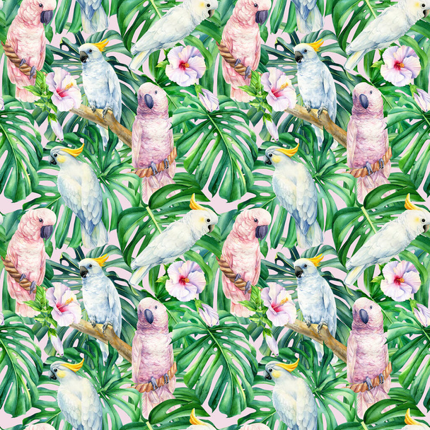 Aves tropicais, papagaio-da-cacatua, plantas exóticas, folhas e orquídeas, flores de hibisco, padrão sem costura, fundo de palma - Foto, Imagem