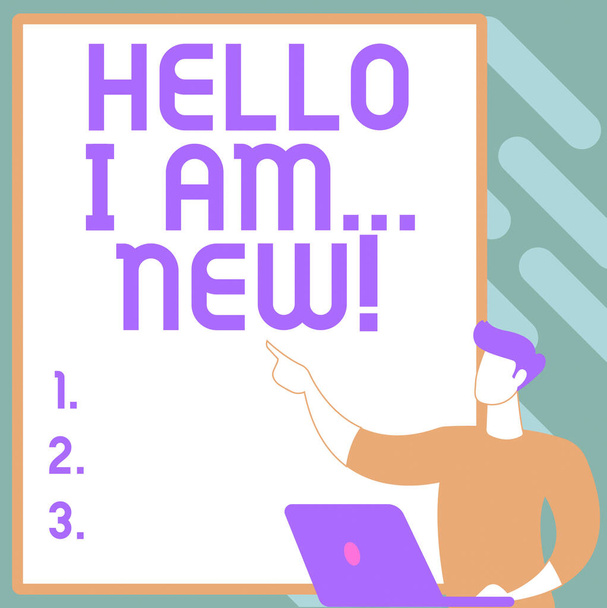 Текст з натхненням Hello I Am New. Інтернет-концепції, що використовуються як вітання або для початку телефонної розмови Створення нової комп'ютеризованої системи файлів, заповнення онлайн документації - Фото, зображення