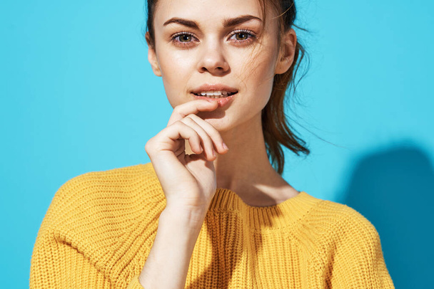 woman in yellow sweater fashion posing glamor close-up - Photo, Image