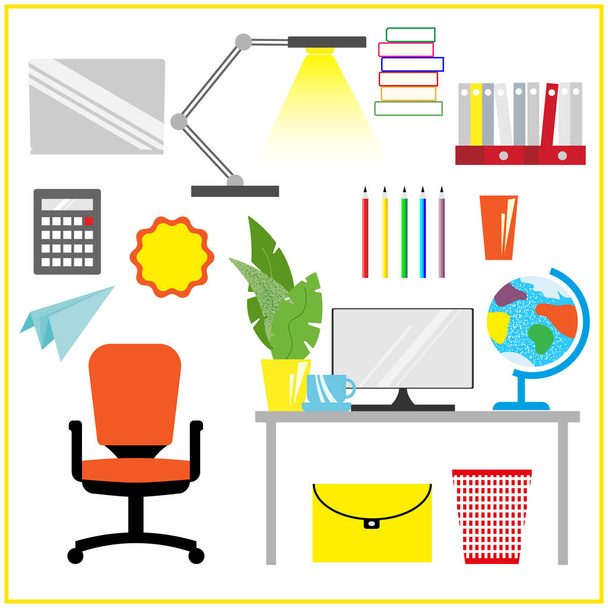 een set pictogrammen voor kantoor- en schoolvakken op een witte achtergrond - Vector, afbeelding