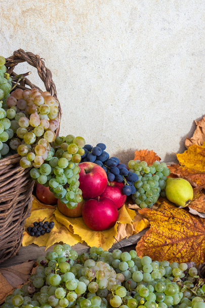 Herbstliches Stillleben mit Früchten und Blättern auf Holzsockel - Foto, Bild