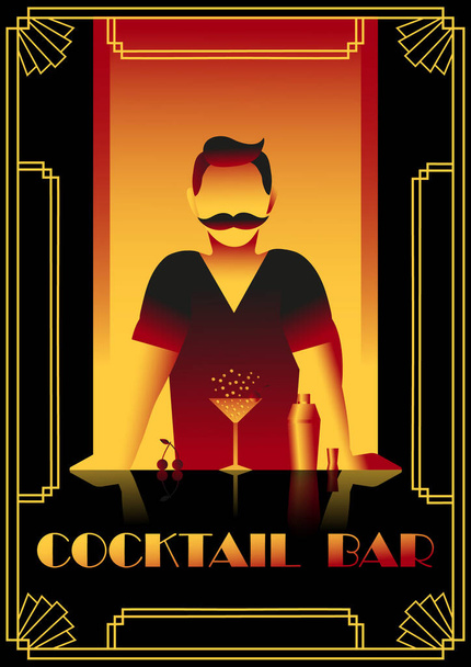 Cocktailbar poster met barman, sprankelende kersencocktail en cocktailshaker. Vector poster in art deco stijl. - Vector, afbeelding