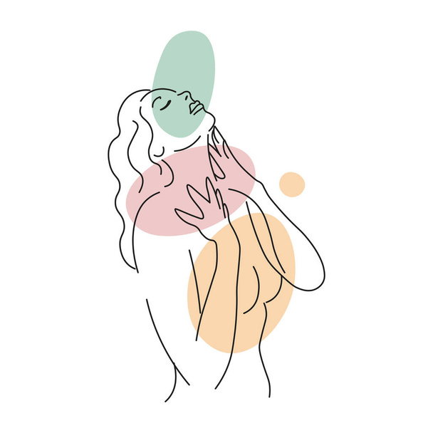 Dívka dotýkající se jejího krku.Linka dívka abstraktní minimalistické siluety s barevnými skvrny.Nahá z ženské linie siluety. Tělesná péče - Vektor, obrázek