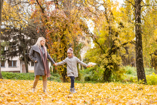 Onnellinen perhe leikkii syksyllä puistossa
 - Valokuva, kuva