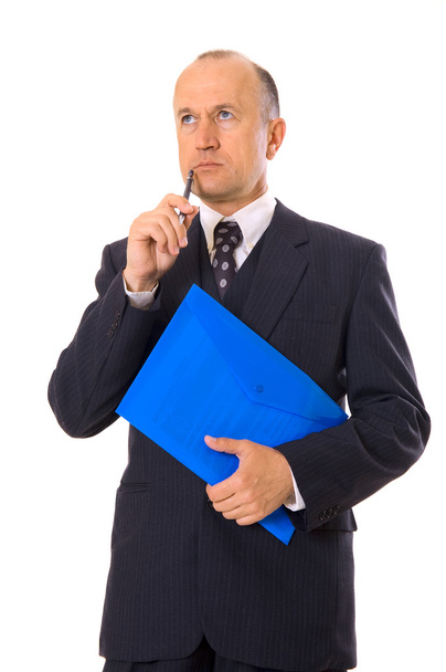 Businessman with folder thinking - Zdjęcie, obraz