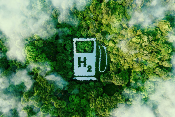 Озеро в форме водородной АЗС, используемое в качестве концепции для иллюстрации экологичности водорода и его потенциала в качестве топлива будущего. 3d-рендеринг. - Фото, изображение
