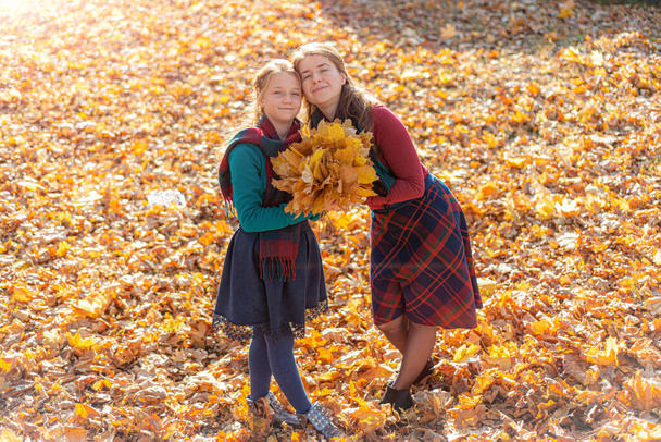 Moeder en dochter houden een boeket gele bladeren vast op een achtergrond van herfstbladeren in het park. - Foto, afbeelding