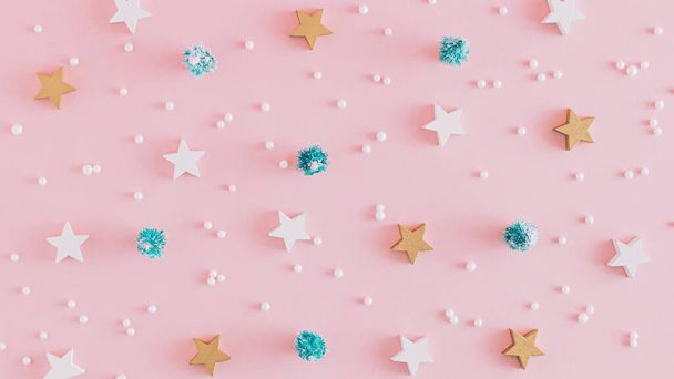 Creative Christmas pattern arrangement made of wooden stars, Christmas trees and pearls on a pink backgorund. Minimal flat lay and New Year concept. - Foto, immagini