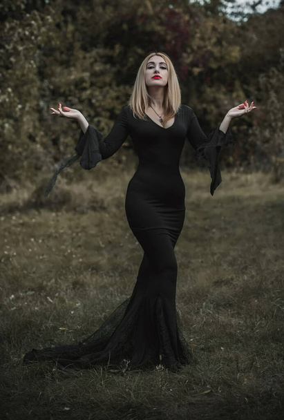 Ведьма в черном платье, концепция Хэллоуина, идеи для вечеринки, идеальная дама в темной готической одежде - Фото, изображение