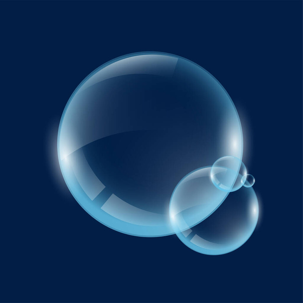 Realistic transparent soap or water bubbles. Big translucent glass spheres with glares and shadow on blue background. Isolated vector transparency orbs illustration - Διάνυσμα, εικόνα