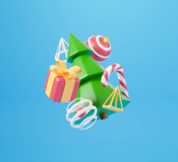 Újévi és karácsonyi 3D design. Reális ajándékdoboz, karácsonyfa, labda, cukorka és dekoratív elemek ünnepi banner. 3d render kép a karácsonyi ünnep - Fotó, kép