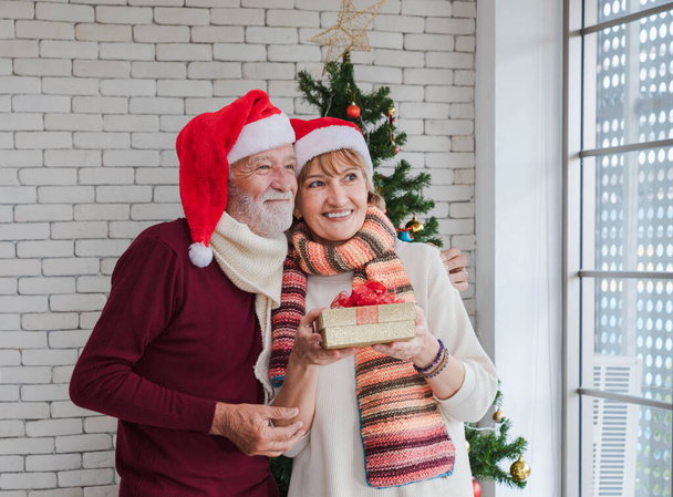 魅力的な白人のシニアカップル抱擁や愛と抱擁し、肯定的な気分と手にプレゼントと一緒にクリスマスと新年のお祝い中に新しい生活のための希望を楽しみにして. - 写真・画像