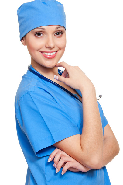 Pretty nurse in blue uniform - Foto, Imagen