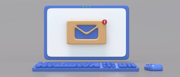Concepto de notificación de correo electrónico, una nueva bandeja de entrada de correo electrónico, sobre con mensaje entrante en una pantalla portátil de computadora mínima, fondo de color gris, espacio. ilustración 3d - Foto, imagen