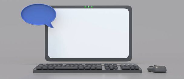 Computer online chat notificatie, minimale desktop pc met chat zeepbel, communicatie berichten op internet concept. Leeg laptopscherm, grijze achtergrond, ruimte. 3d illustratie - Foto, afbeelding