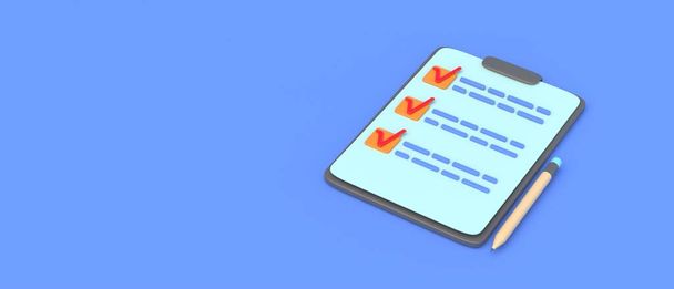 Checklist on a clipboard. Notepad with filled checkboxes and a pencil on blue background. Red checkmarks on a to do list, survey, space, banner. 3d illustration - Photo, Image
