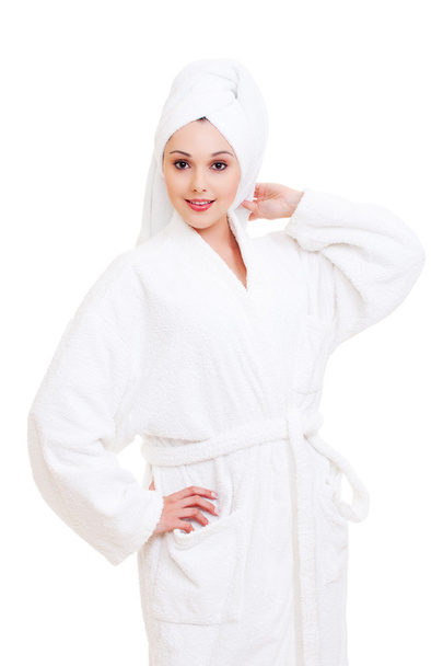 Woman in white towel and bathrobe - Фото, зображення