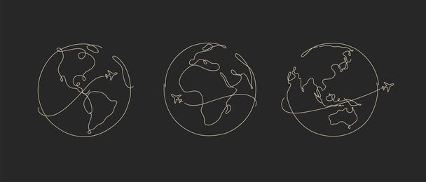 黒の背景にペンラインスタイルで旅する手描きの地球面 - ベクター画像