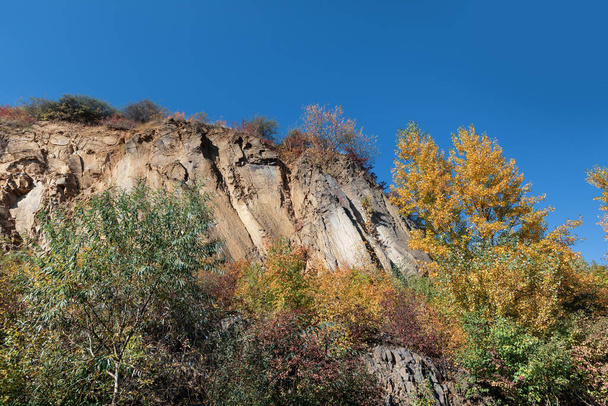 Golden autumn with colourful trees in old quarry. Rocks and yellow trees - Zdjęcie, obraz