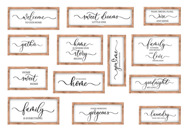Calligraphy Family sign bundle, home, tanyasi, bettering Idézetek. - Vektor, kép