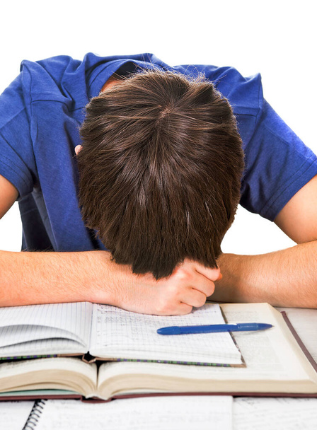 Tired Student sleep on the Book on the White Background - Photo, image