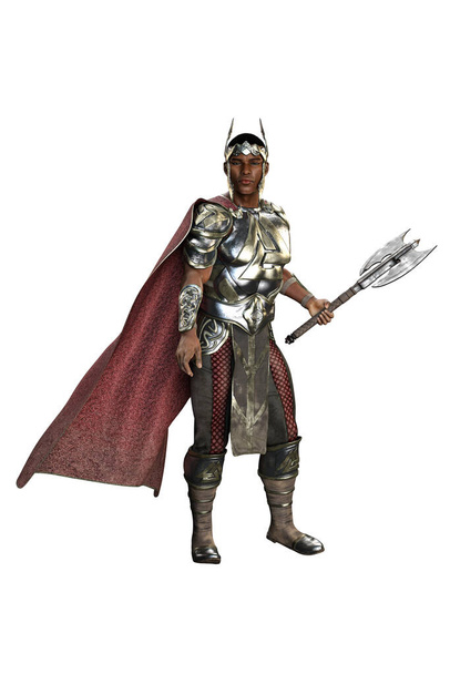 Középkori Fantasy POC Warrior King Man kard elszigetelt fehér háttér, 3D illusztráció, 3D Renderelés - Fotó, kép