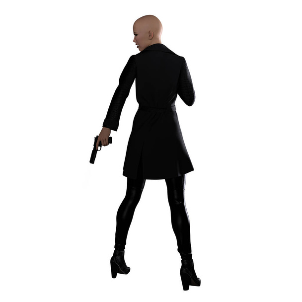 Běloška Žena Trench Coat Sillhouette s pistolí na izolovaném bílém pozadí, 3D vykreslování - Fotografie, Obrázek