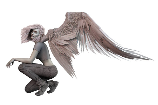 Padlý anděl s bílými křídly běloška žena na izolovaném bílém pozadí, 3D ilustrace, 3D vykreslování - Fotografie, Obrázek