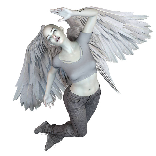Fallen Angel με λευκά φτερά Καυκάσια γυναίκα σε απομονωμένο λευκό φόντο, 3D εικονογράφηση, 3D απόδοση - Φωτογραφία, εικόνα