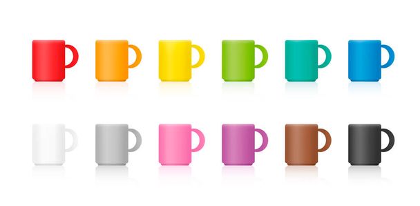 Värilliset mukit, joukko värikkäitä posliinikuppeja kahvia, kuumaa kaakaota, teetä tai maitoa varten. Erillinen vektorikuva valkoisella taustalla. - Vektori, kuva