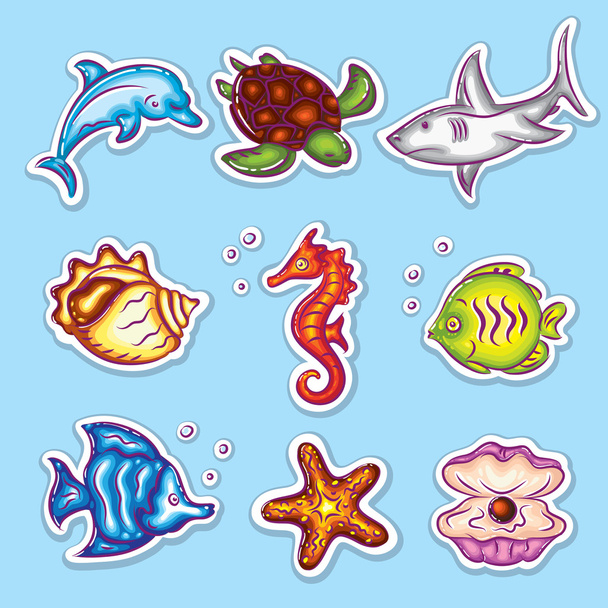 Coloridas pegatinas vectoriales conjunto de fauna marina
 - Vector, imagen