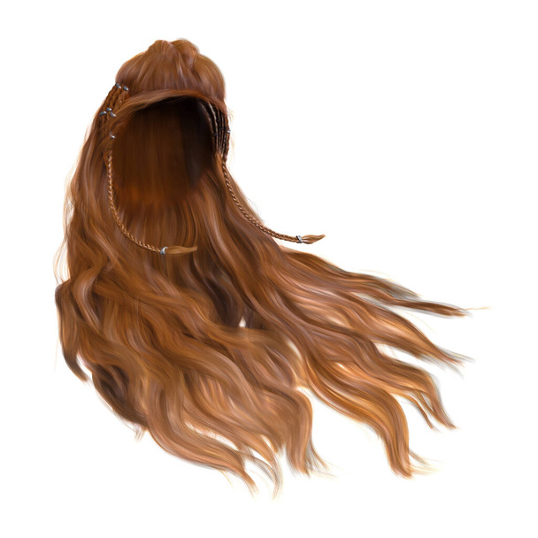 renderização 3d, ilustração 3d, fantasia cabelo ondulado longo no fundo branco isolado - Foto, Imagem