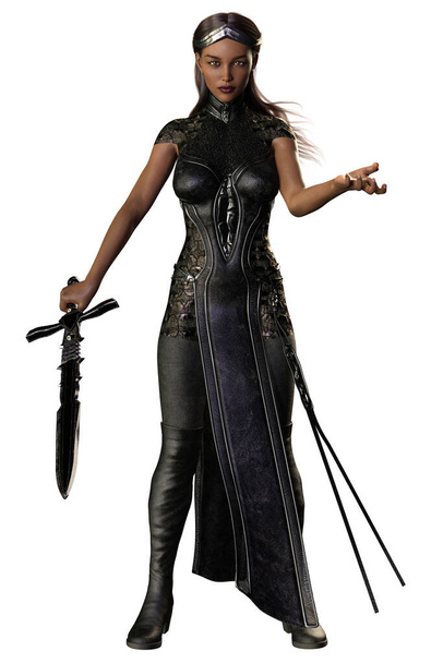 POC Medieval Fantasy Warrior Žena s mečem na izolovaném bílém pozadí, 3D ilustrace, 3D vykreslování - Fotografie, Obrázek