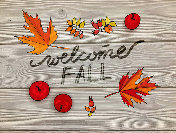 Welcome fall template for seasonal autumn and Thanksgiving design. Colorful autumn leaves and text at on wooden background. Design element for poster, flyer, greeting card. Watercolour Vector illustration. - Vektor, Bild