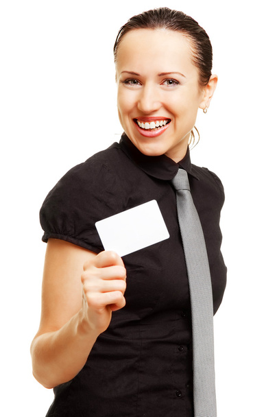 ευτυχισμένη γυναίκα δείχνει την επαγγελματική κάρτα - Φωτογραφία, εικόνα