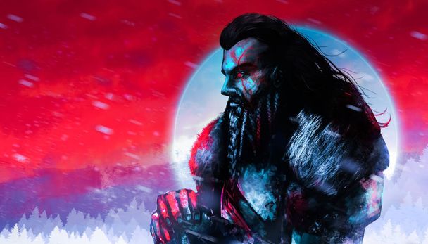 Illustration artwork of ancient viking possessed king warrior with red glowing eyes standing on frosty winter landscape. - Photo, Image