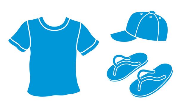 Tişört, beyzbol şapkası, parmak arası terlikler terlikler izole edilmiş, vektör simgeleri ayarlanmış.. - Vektör, Görsel