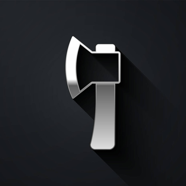 Silver Wooden axe icon isolated on black background. Lumberjack axe. Long shadow style. Vector - Vector, imagen